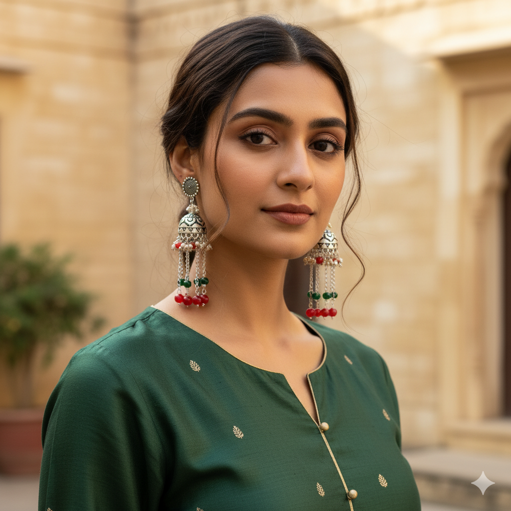 Lara red silver jhumka