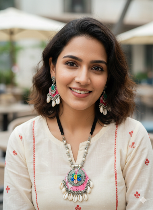 Pink printed fabric necklace / navratri jewelry/ mayurpankh jewelry