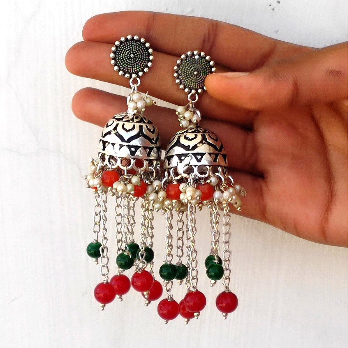 Lara red silver jhumka