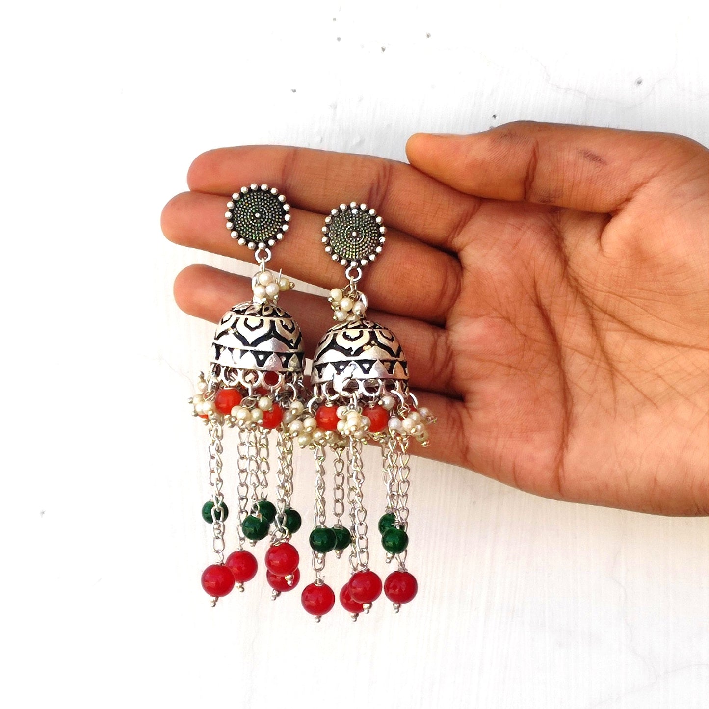 Lara red silver jhumka