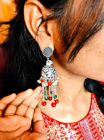Lara red silver jhumka