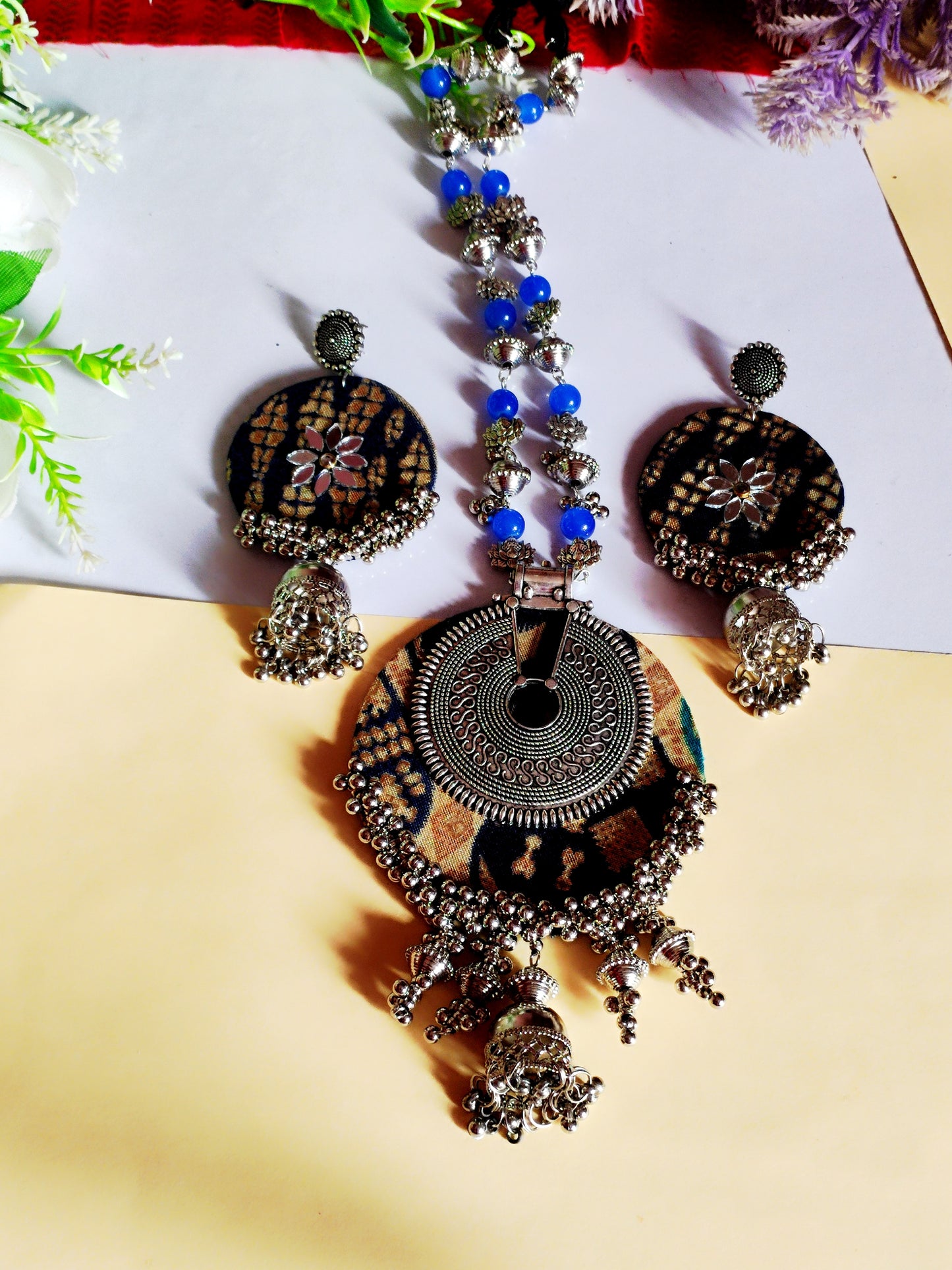 Blue printed navratri necklace/ Fabric necklace